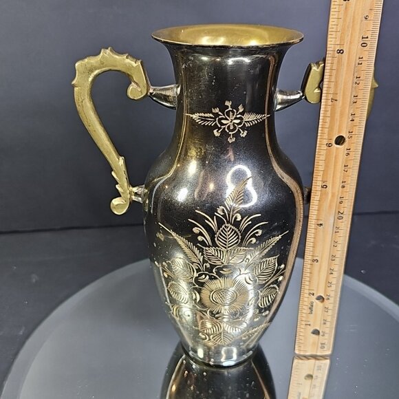 Vintage Brass Floral Eteched Vase With Double Handles India - Picture 5 of 9